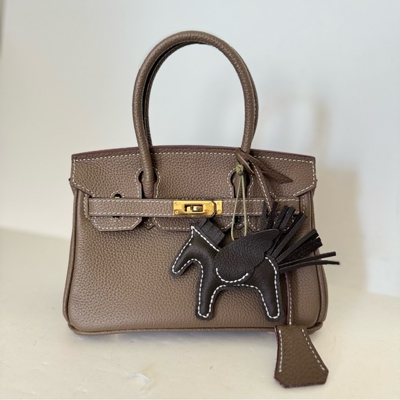 *NO STRAP | Taupe Mini 20 Leather Top Handle w/ Gold Structured Satchel Bag C3 - Picture 3 of 17